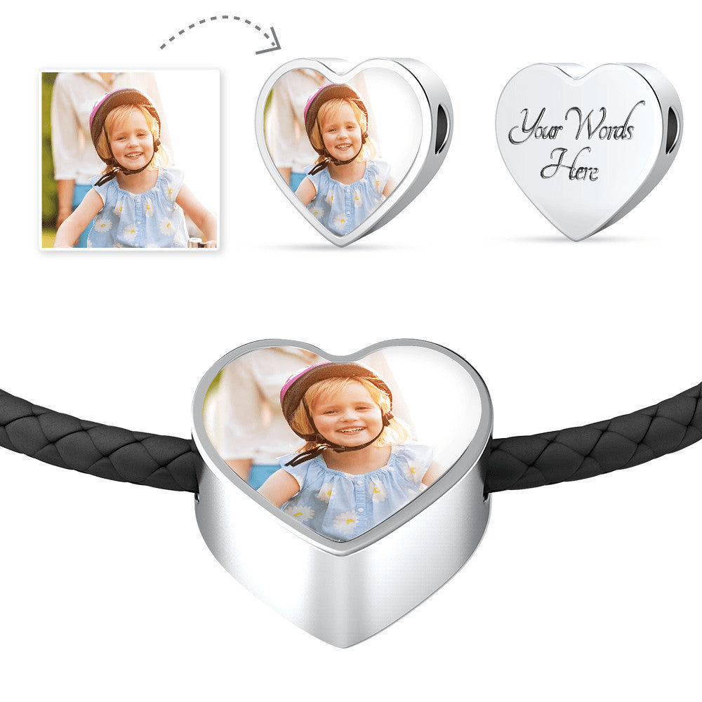 Heart Charm Real Leather Woven Bracelet [Custom Photo] + [Custom Engraving]
